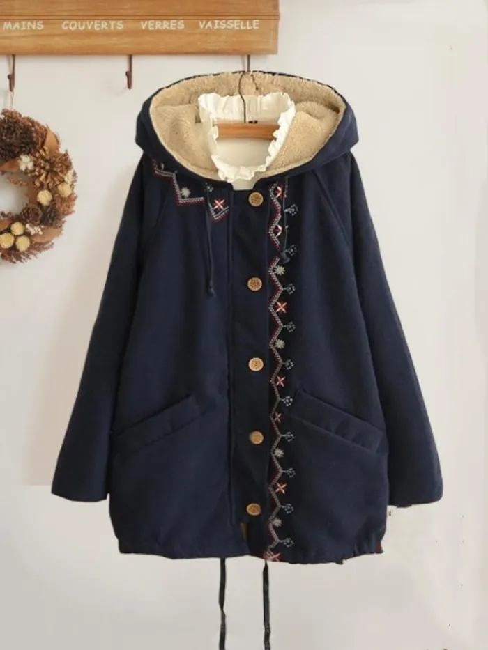 Solid Cotton Vintage Hoodie Long Sleeve Coat