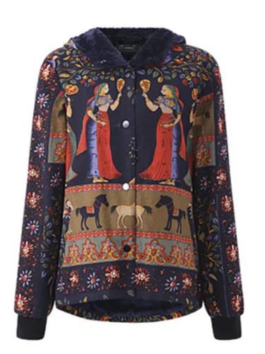 Fleece-lined Tribal Printed Long Sleeve Hoodie Coat