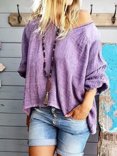 Purple Long Sleeve Casual V Neck Shirts & Tops