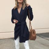Khaki V Neck Solid Casual Outerwear