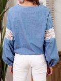 V neck Embroidered Solid Balloon Sleeve Blouse