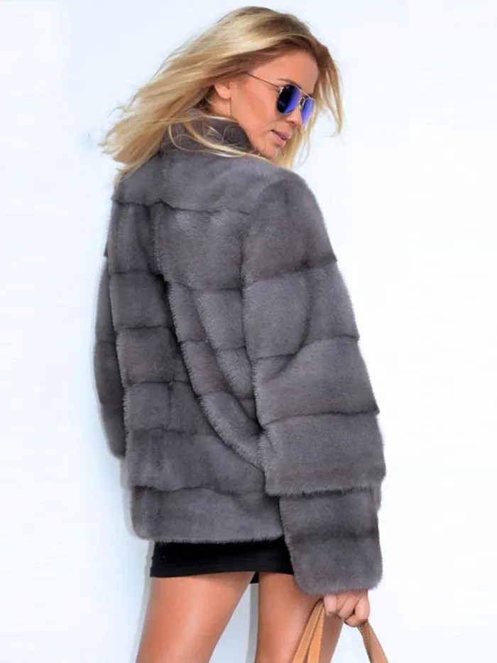 Plus Size Stand Collar Thick Faux Mink Fur Leather Parka Jacket Peacoat