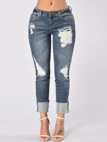 Worn Hole Patchwork Gradient Pocket Jeans