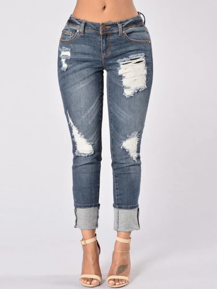 Worn Hole Patchwork Gradient Pocket Jeans