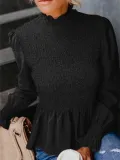 Women's Fashion Solid Chiffon Turtle Neck Solid Shirred Long Sleeve Blouses