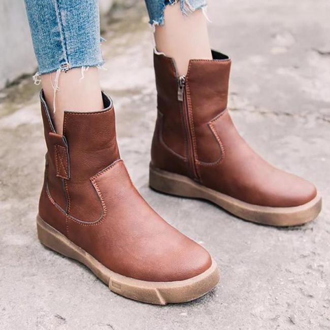 Womens PU Chunky Heel Zipper Martin Boots