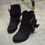 Coffee Plus Size Spring/Fall Adjustable Buckle Suede Chunky Heel Boots