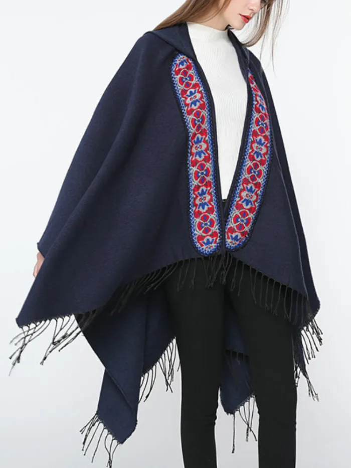 Hoodie Solid Vintage Paneled Winter Cardigans Wool Blend  Woven Cape
