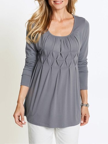3/4 Sleeve Casual Crew Neck Folds Solid Blouse