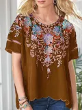 Navy Blue Short Sleeve Round Neck Patchwork Shirts & Tops