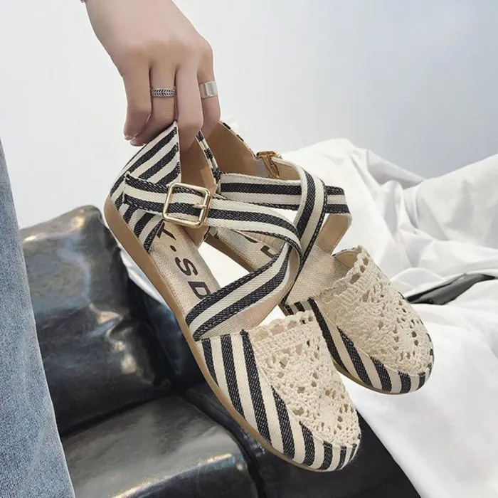 Women Preppy Canvas Fisherman Shoes Buckle Hollow Out Flats