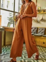 Coffee Sleeveless Cotton-Blend Pants