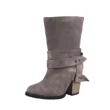 Women Comfy Suede Mid-Calf Chunky Heel Slip-On Boots
