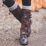 Vintage Lace Up Mid-calf Split Joint Boots Adjustable Buckle Low Heel Boots
