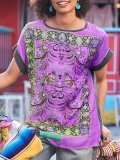 Short Sleeve Cotton-Blend Boho Round Neck Shirts & Tops