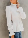 Women's Fashion Solid Chiffon Turtle Neck Solid Shirred Long Sleeve Blouses