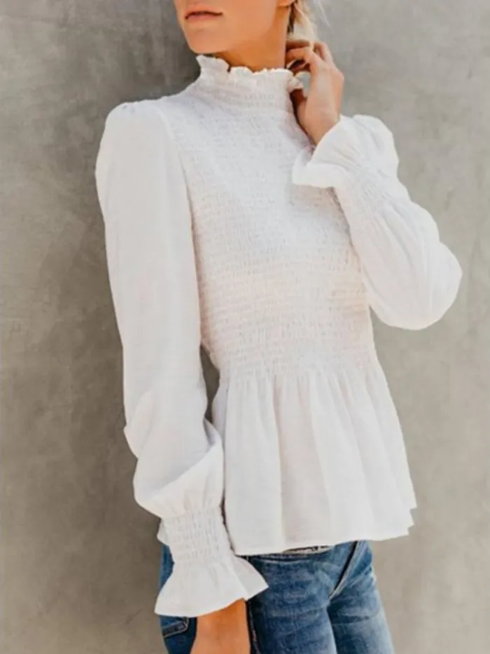 Women's Fashion Solid Chiffon Turtle Neck Solid Shirred Long Sleeve Blouses