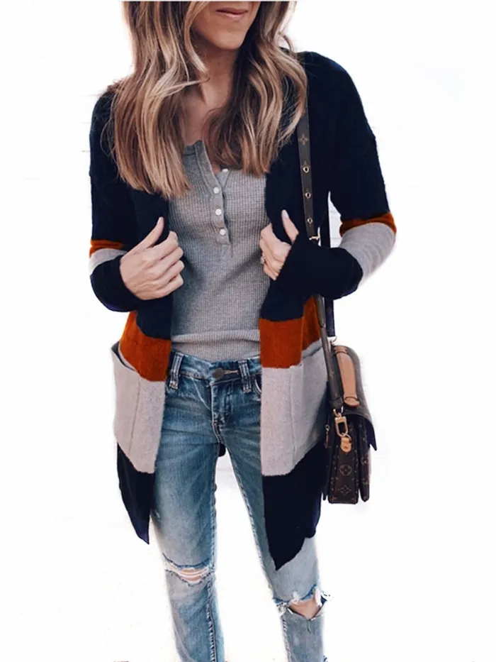 Long Sleeve Color-Block Striped Cardigans