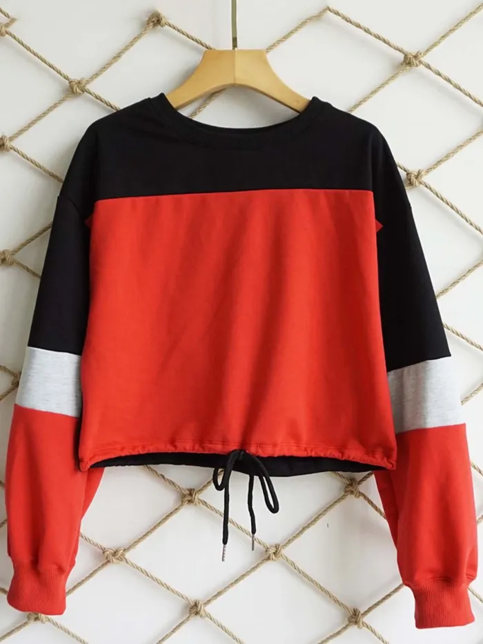 Long Sleeve Casual Color-block Crew Neck Plus Size Blouse