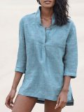 Blue Stand Collar Cotton-Blend Solid Casual Shirts & Tops