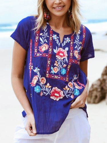 Blue V Neck Floral Casual Floral-Print Blouse