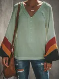 Paneled V Neck Bell Sleeve Casual Blouse&shirts
