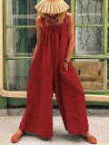 Solid Sleeveless Spaghettie Jumpsuit Wide Leg Pants