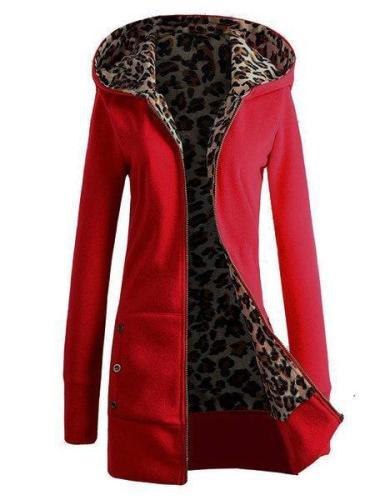 Women Zipper Leopard Print Casual Hoodie Coats
