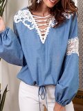 V neck Embroidered Solid Balloon Sleeve Blouse