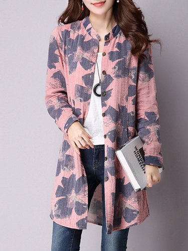 Stand Collar Casual Linen Long Sleeve Printed Coat