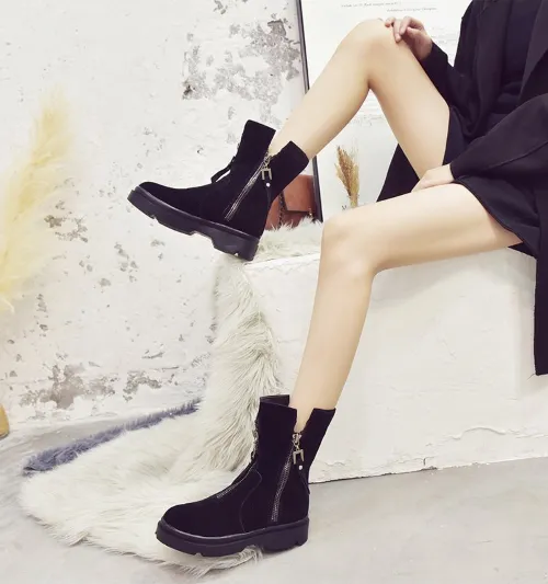 Women Date Low Heel Winter Boots Suede Platform Zipper Booties