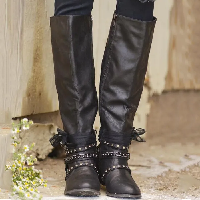 Winter Vintage Chunky Heel Buckle Strap Boots