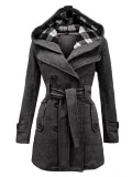Women Double Breasted Slim Hoodie Solid Casual Long Pea Coat with Belt