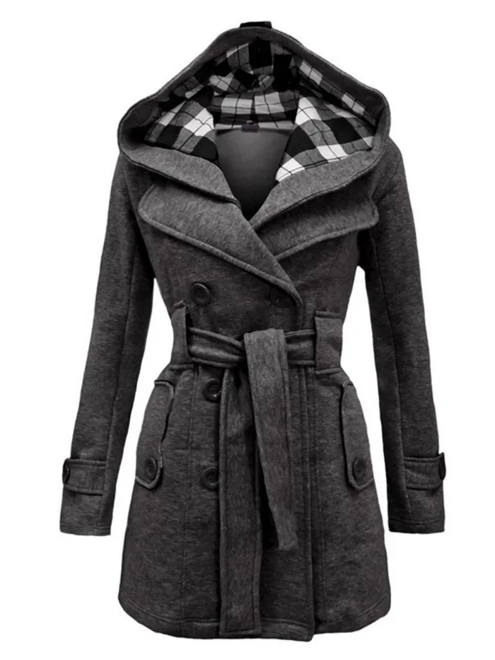 Women Double Breasted Slim Hoodie Solid Casual Long Pea Coat with Belt