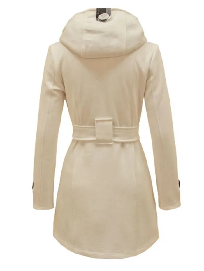 Women Double Breasted Slim Hoodie Solid Casual Long Pea Coat with Belt