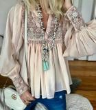 Pink Guipure Lace Long Sleeve V Neck Blouse