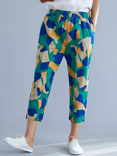 Plus Size Women Vintage Square Floral Casual Pants