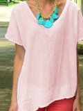 Plain V Neck Casual Short Sleeve Shirts & Tops