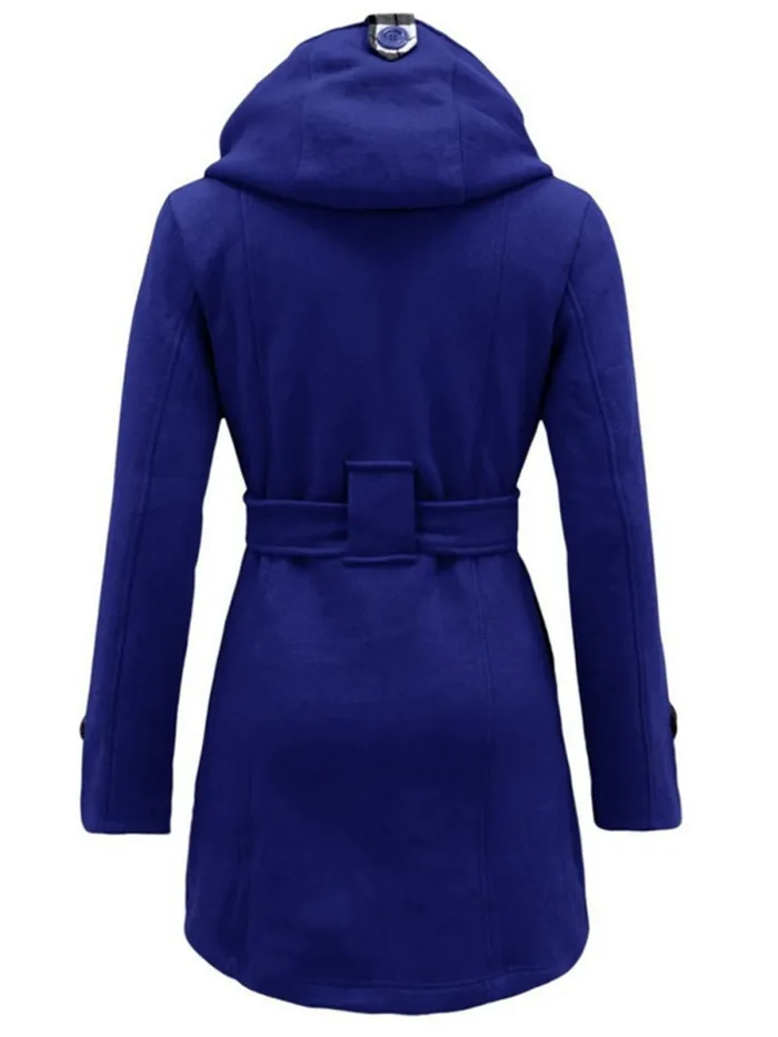 Women Double Breasted Slim Hoodie Solid Casual Long Pea Coat with Belt