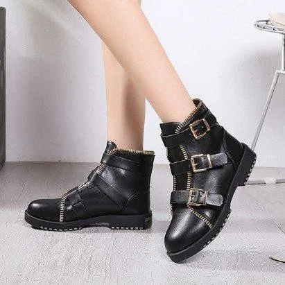 Gunmetal Zipper Daily Adjustable Buckle Spring/Fall Chunky Heel Boot