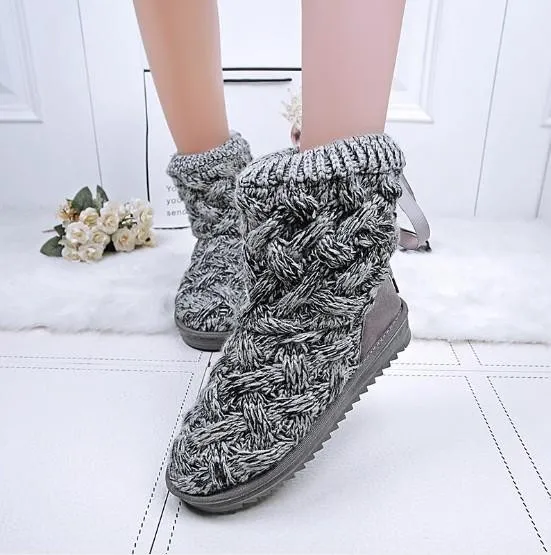Women Braided Platform Knitted Fabric Winter Back Lace-up Daily Boots