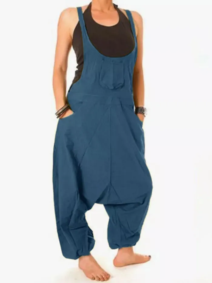 Round Neck Casual Cotton Pocket Jumpsuits