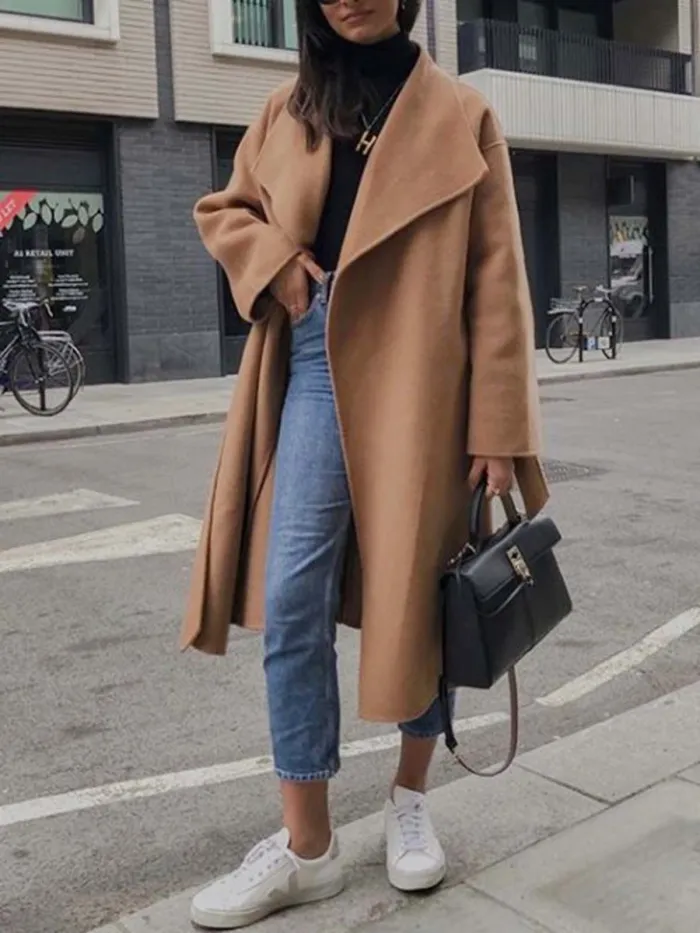 Camel Long Sleeve Plain V Neck Outerwear