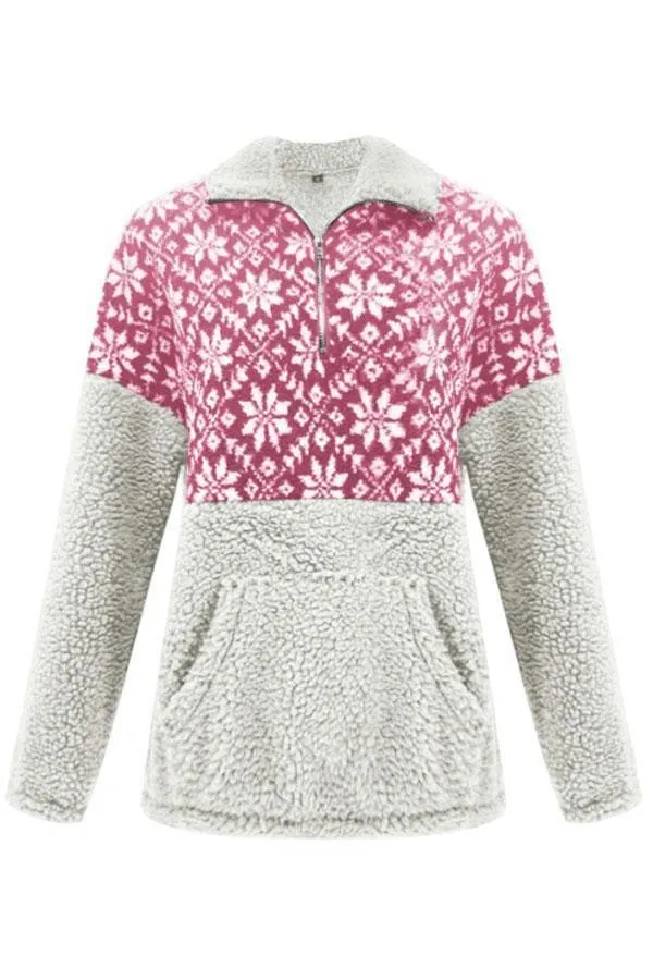 Christmas Snowflake Pullover Bend Collar Zipper Print Teddy Outerwear