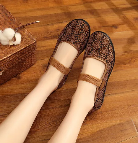 Solid Color Mesh Hollow-out Casual Embroidery Flat Heel Loafers
