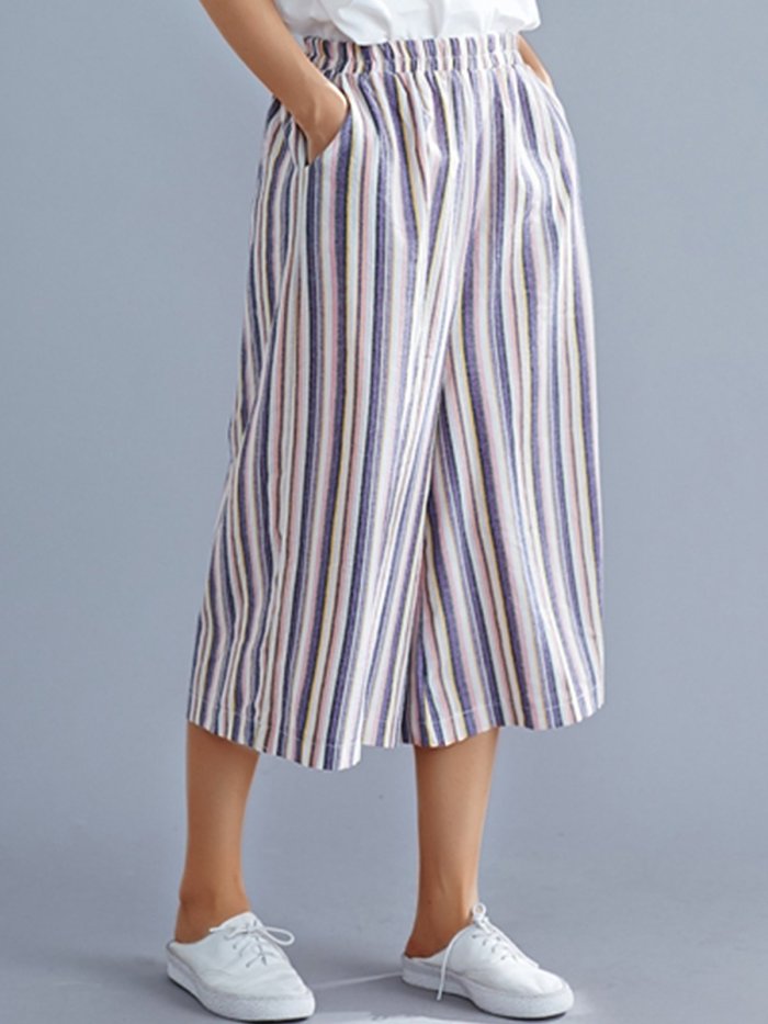 Plus Size Women Striped Casual Wide Leg Pants