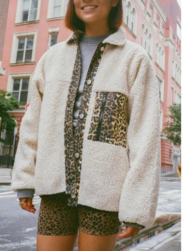 Leopard Print Side Zipper Pocket Paneled Woven Lapel Holiday Coat
