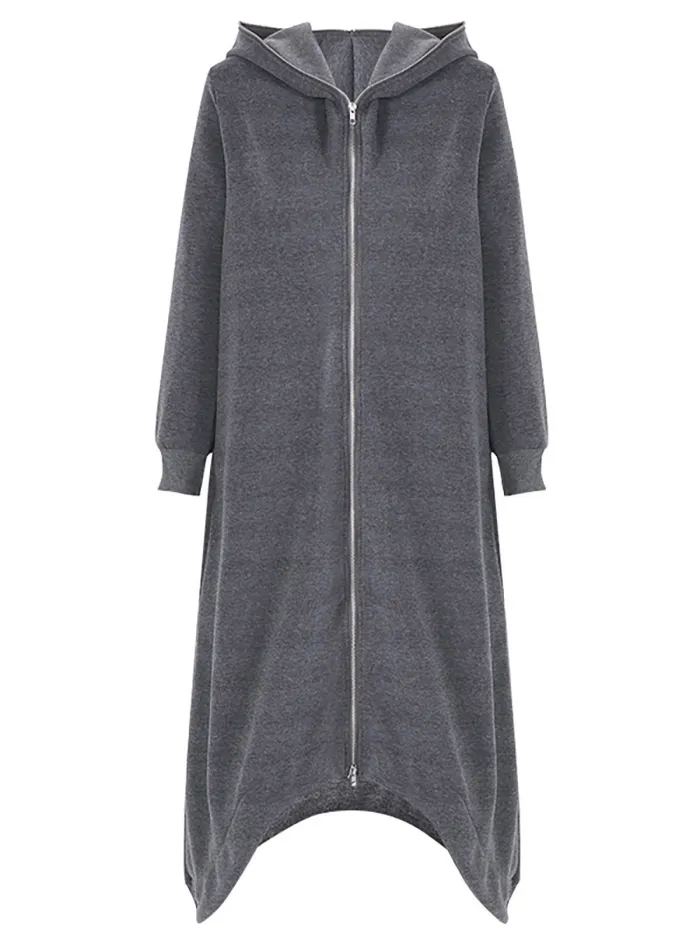 Hooded Long Sleeve Zip Irregular Long Coat