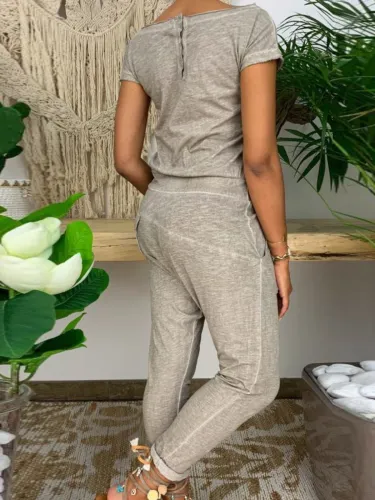 Casual Short Sleeve Solid Round Neck Jumpsuits