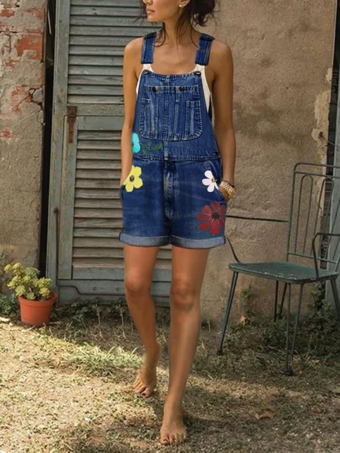 Sleeveless Denim Floral Floral-Print shorts One-Pieces